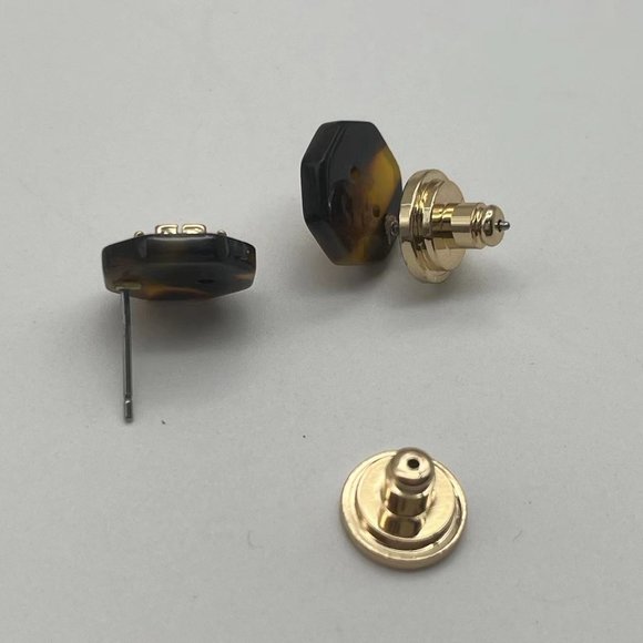 Tory Burch Octagon Brown Mixed Stone and Gold Signature Stud Earrings - Picture 5 of 9